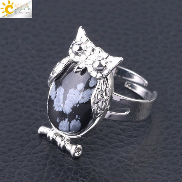 Women's Minimalist Cute Owl Animal Ring With Natural Stone Inlay Adjustable Copper Round Convex Design