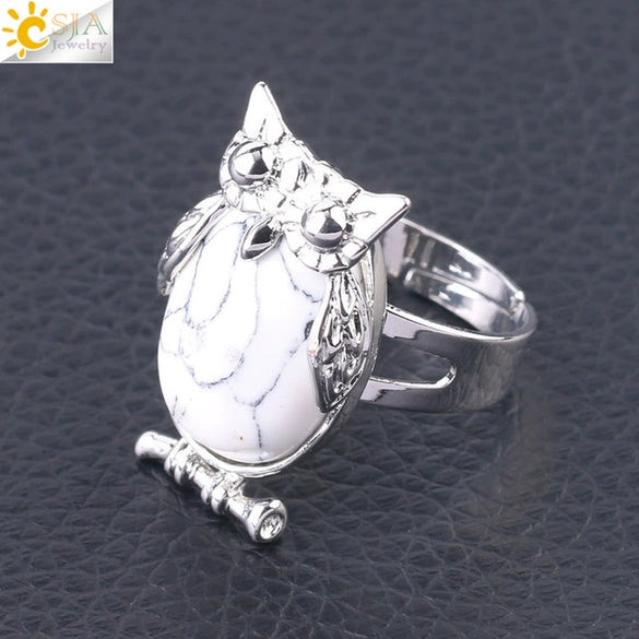 Women's Minimalist Cute Owl Animal Ring With Natural Stone Inlay Adjustable Copper Round Convex Design