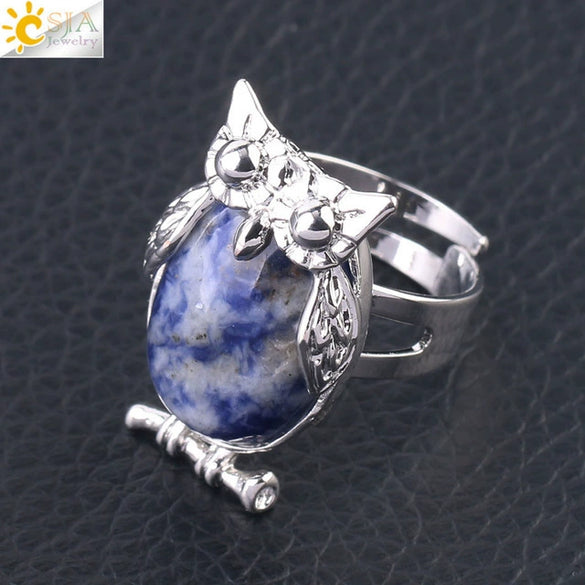 Women's Minimalist Cute Owl Animal Ring With Natural Stone Inlay Adjustable Copper Round Convex Design