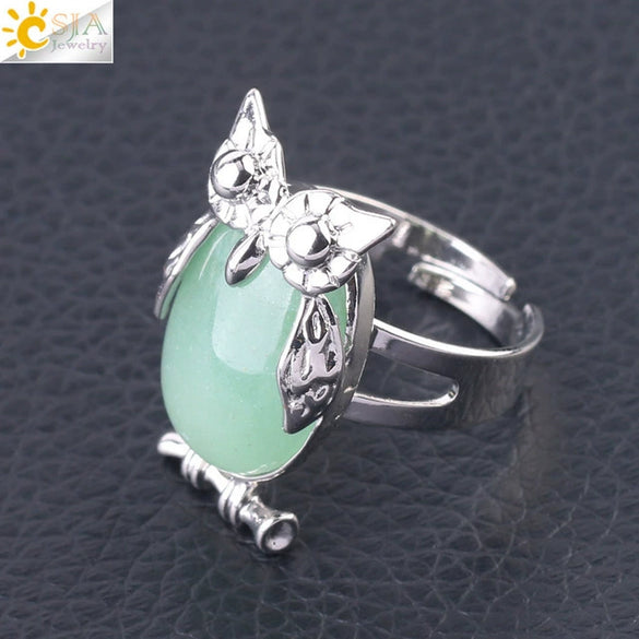 Women's Minimalist Cute Owl Animal Ring With Natural Stone Inlay Adjustable Copper Round Convex Design