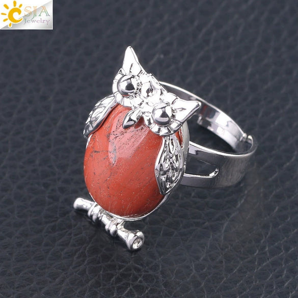 Women's Minimalist Cute Owl Animal Ring With Natural Stone Inlay Adjustable Copper Round Convex Design