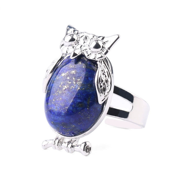 Women's Minimalist Cute Owl Animal Ring With Natural Stone Inlay Adjustable Copper Round Convex Design