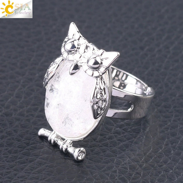 Women's Minimalist Cute Owl Animal Ring With Natural Stone Inlay Adjustable Copper Round Convex Design