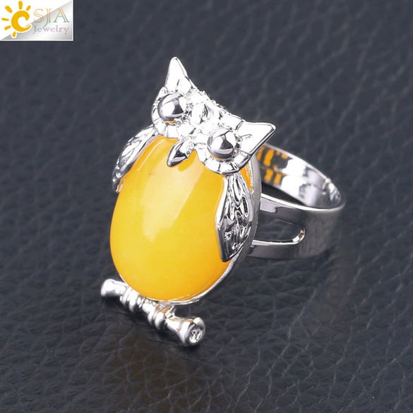 Women's Minimalist Cute Owl Animal Ring With Natural Stone Inlay Adjustable Copper Round Convex Design