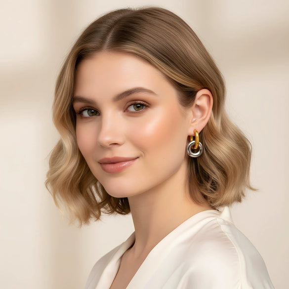 Women's Minimalist Double Ring Geometric Hoop Earrings With Stainless Steel Ear Needles And Vacuum Gold Plated Finish