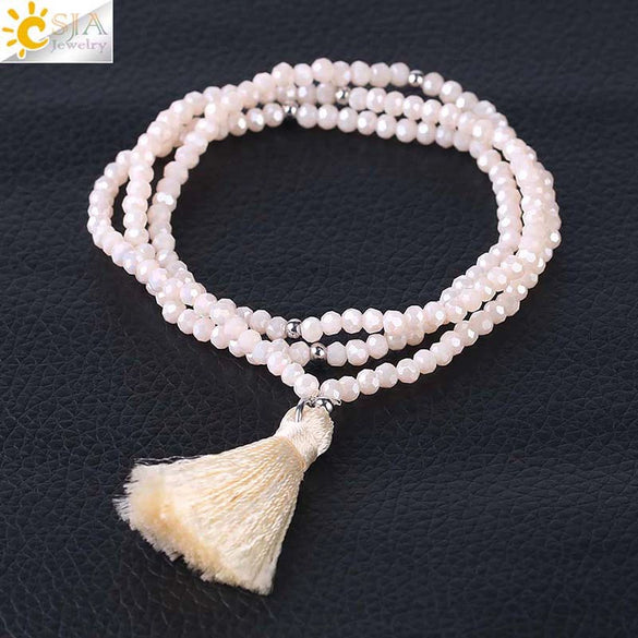 Women's Minimalist Electroplated Glass Crystal Beaded Multi Layer Elastic Bracelet With Faceted Seed Beads And Tassel Copper Accents