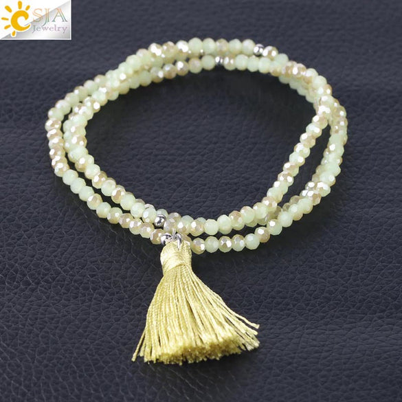 Women's Minimalist Electroplated Glass Crystal Beaded Multi Layer Elastic Bracelet With Faceted Seed Beads And Tassel Copper Accents