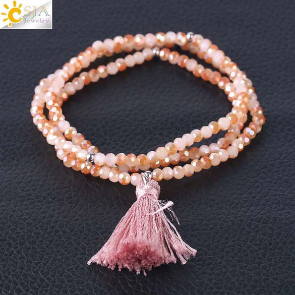 Women's Minimalist Electroplated Glass Crystal Beaded Multi Layer Elastic Bracelet With Faceted Seed Beads And Tassel Copper Accents