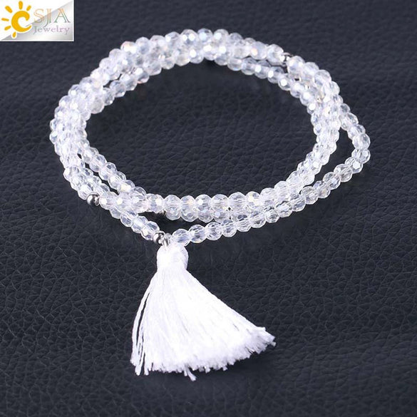 Women's Minimalist Electroplated Glass Crystal Beaded Multi Layer Elastic Bracelet With Faceted Seed Beads And Tassel Copper Accents