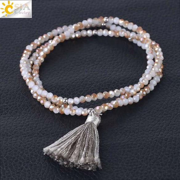 Women's Minimalist Electroplated Glass Crystal Beaded Multi Layer Elastic Bracelet With Faceted Seed Beads And Tassel Copper Accents