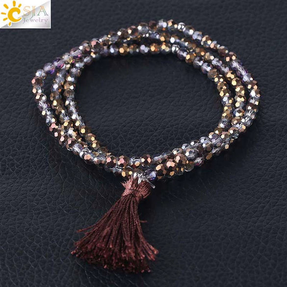 Women's Minimalist Electroplated Glass Crystal Beaded Multi Layer Elastic Bracelet With Faceted Seed Beads And Tassel Copper Accents