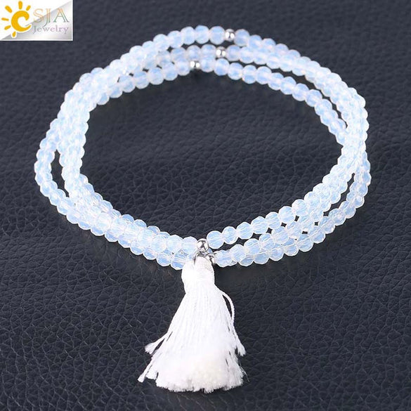 Women's Minimalist Electroplated Glass Crystal Beaded Multi Layer Elastic Bracelet With Faceted Seed Beads And Tassel Copper Accents