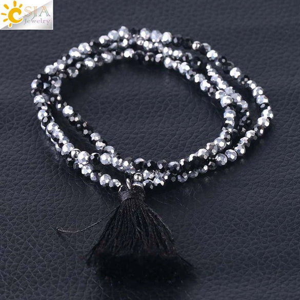Women's Minimalist Electroplated Glass Crystal Beaded Multi Layer Elastic Bracelet With Faceted Seed Beads And Tassel Copper Accents