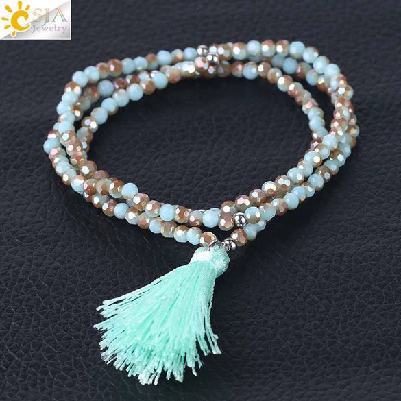 Women's Minimalist Electroplated Glass Crystal Beaded Multi Layer Elastic Bracelet With Faceted Seed Beads And Tassel Copper Accents