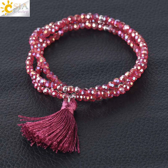 Women's Minimalist Electroplated Glass Crystal Beaded Multi Layer Elastic Bracelet With Faceted Seed Beads And Tassel Copper Accents