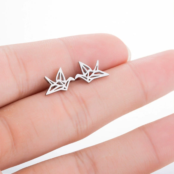 Women's Minimalist Electroplated Stainless Steel Clear Hollow Paper Crane Earrings With Elegant Animalinspired Design