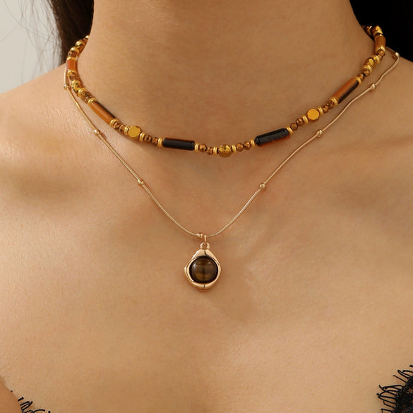 Women's Minimalist Geometric Alloy Choker Necklace With Electroplating And Brown Leather