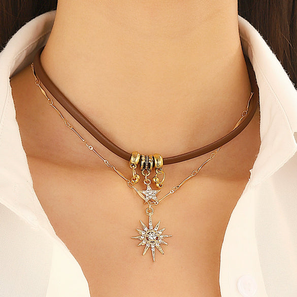 Women's Minimalist Geometric Alloy Choker Necklace With Electroplating And Brown Leather