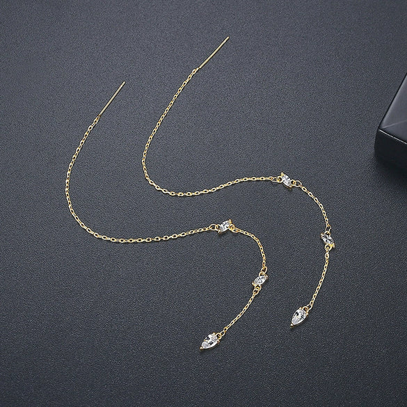 Women's Minimalist Geometric Copper Ear Threader Tassel Earrings With Zircon Accents And Elegant Long Drop Design