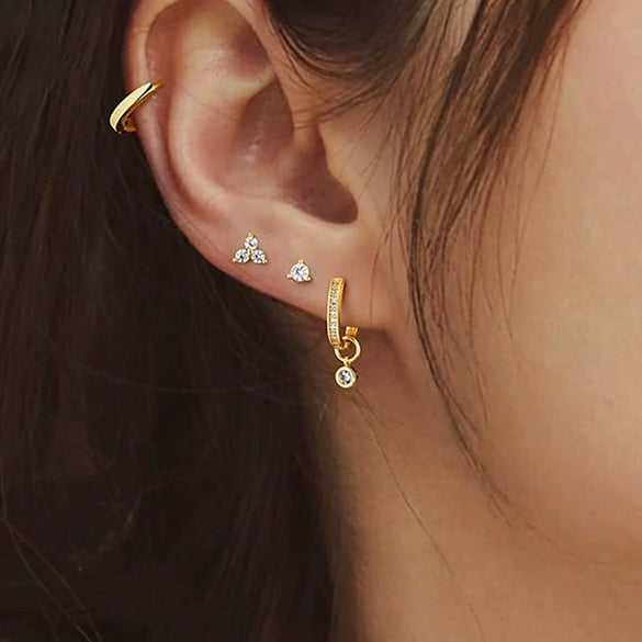 Women's Minimalist Geometric Copper Earring Set With Gold Color Electroplated Finish Sweet And Artistic Style