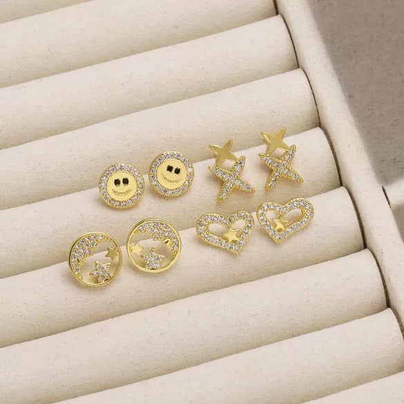 Women's Minimalist Geometric Copper Gold Plated Zircon Star And Smiley Earrings