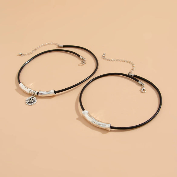 Women's Minimalist Geometric Metal Alloy Pendant Necklace With Leather Wax Thread Chain And Electroplating Treatment