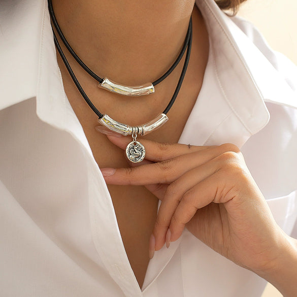 Women's Minimalist Geometric Metal Alloy Pendant Necklace With Leather Wax Thread Chain And Electroplating Treatment