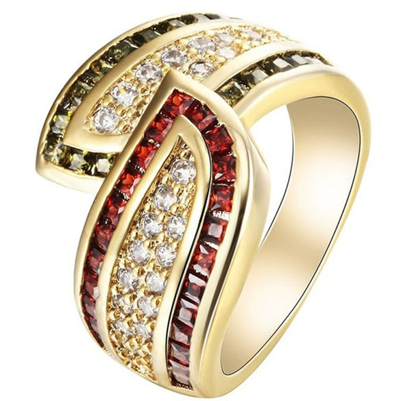 Women's Minimalist Geometric Metal Gem Ring With Olivine Garnet And White Topaz Electroplated Fashion Jewelry