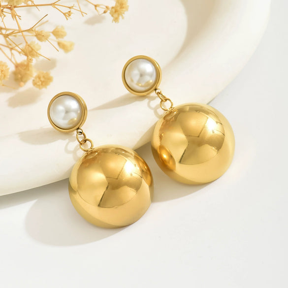 Women's Minimalist Geometric Pearl Earrings With Stainless Steel Ear Needles And Electroplated Titanium Steel Ball Pendant
