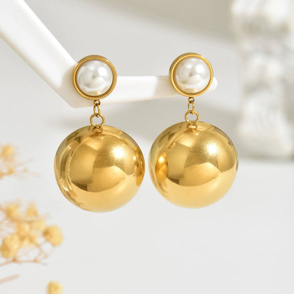 Women's Minimalist Geometric Pearl Earrings With Stainless Steel Ear Needles And Electroplated Titanium Steel Ball Pendant