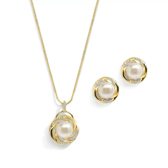 Women's Minimalist Geometric Pendant Necklace And Earring Set With Imitation Pearl And Yew Wood Electroplated Gold Tone Old Money Style Jewelry