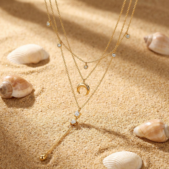 Women's Minimalist Geometric Stainless Steel Necklace With Moon Star And Water Drop Pendant Light Luxury Zircon Rhinestone Inlay And Electroplated Finish