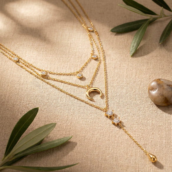 Women's Minimalist Geometric Stainless Steel Necklace With Moon Star And Water Drop Pendant Light Luxury Zircon Rhinestone Inlay And Electroplated Finish