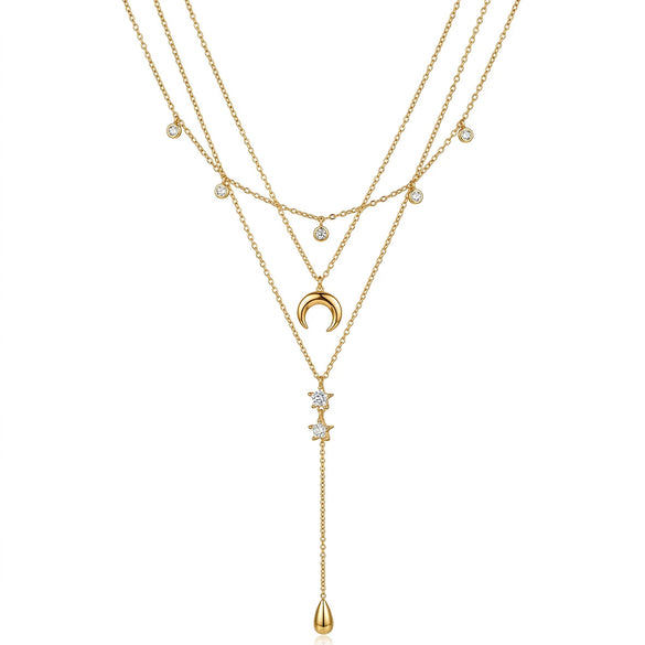 Women's Minimalist Geometric Stainless Steel Necklace With Moon Star And Water Drop Pendant Light Luxury Zircon Rhinestone Inlay And Electroplated Finish