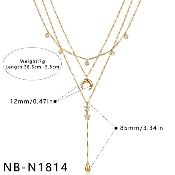 Women's Minimalist Geometric Stainless Steel Necklace With Moon Star And Water Drop Pendant Light Luxury Zircon Rhinestone Inlay And Electroplated Finish