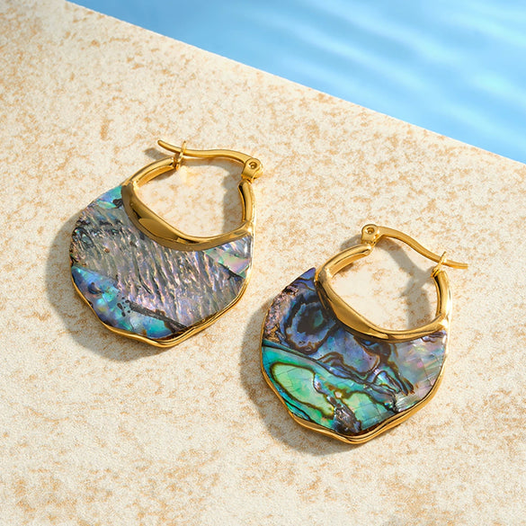 Women's Minimalist Geometric U Shaped Stainless Steel Earrings With 18K Vacuum Plated Finish And Elegant Shell Inlay Style