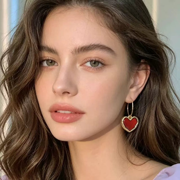 Women's Minimalist Heart Shape Copper Earrings With Electroplated Gold Finish And Red Enamel Love Pendant Design