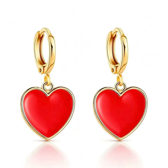 Women's Minimalist Heart Shape Copper Earrings With Electroplated Gold Finish And Red Enamel Love Pendant Design