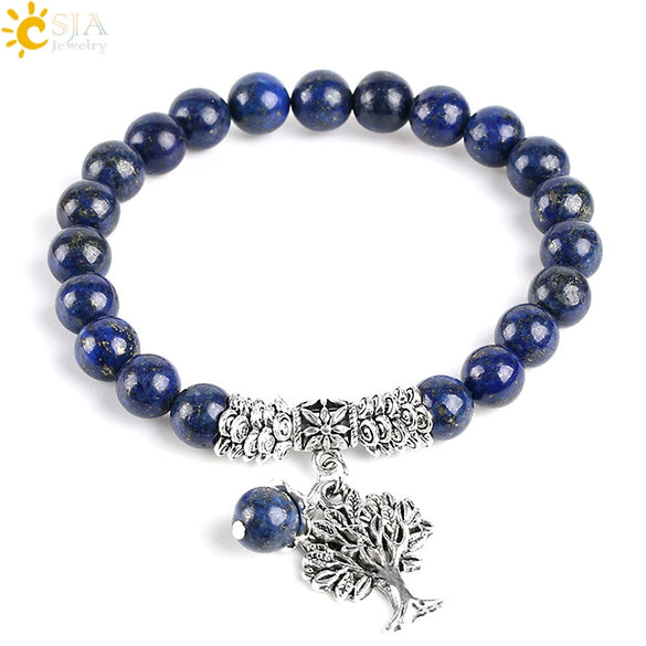 Women's Minimalist Lapis Lazuli Beaded Stretch Bangle Bracelet With Tree Of Life Charm And Electroplated Alloy Accessories