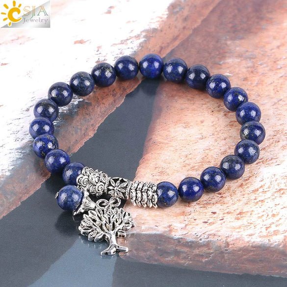 Women's Minimalist Lapis Lazuli Beaded Stretch Bangle Bracelet With Tree Of Life Charm And Electroplated Alloy Accessories