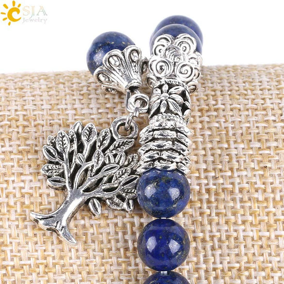 Women's Minimalist Lapis Lazuli Beaded Stretch Bangle Bracelet With Tree Of Life Charm And Electroplated Alloy Accessories