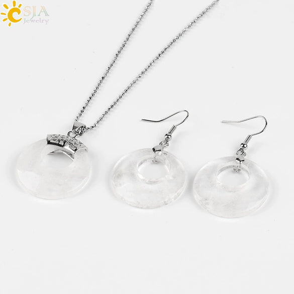 Women's Minimalist Natural Stone And Copper Jewelry Set Hollow Concentric Round Pendant Necklace And Earrings With Tiger Eye Crystal Accent