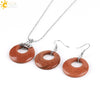 Women's Minimalist Natural Stone And Copper Jewelry Set Hollow Concentric Round Pendant Necklace And Earrings With Tiger Eye Crystal Accent