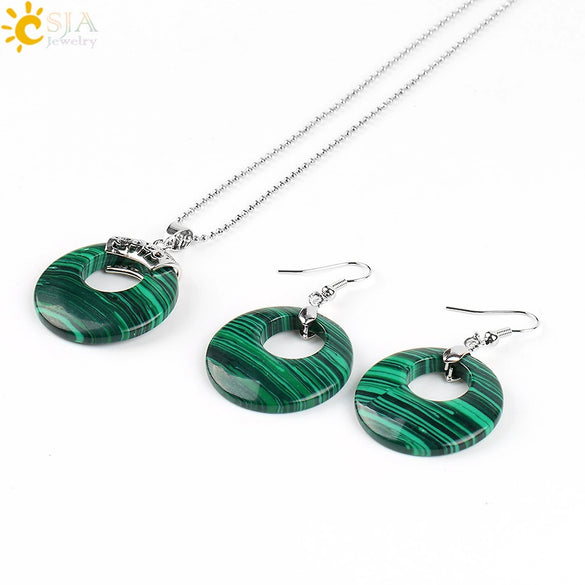Women's Minimalist Natural Stone And Copper Jewelry Set Hollow Concentric Round Pendant Necklace And Earrings With Tiger Eye Crystal Accent