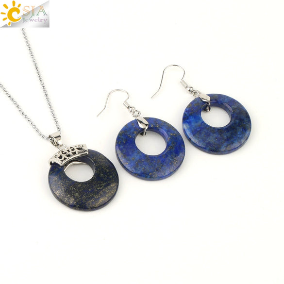 Women's Minimalist Natural Stone And Copper Jewelry Set Hollow Concentric Round Pendant Necklace And Earrings With Tiger Eye Crystal Accent