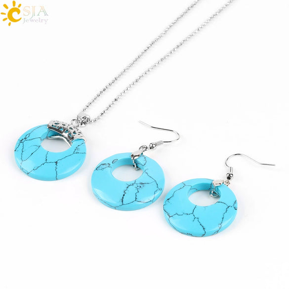 Women's Minimalist Natural Stone And Copper Jewelry Set Hollow Concentric Round Pendant Necklace And Earrings With Tiger Eye Crystal Accent