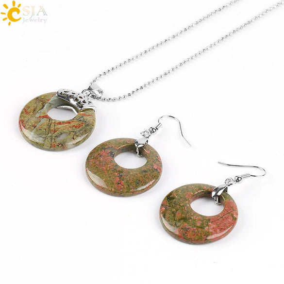 Women's Minimalist Natural Stone And Copper Jewelry Set Hollow Concentric Round Pendant Necklace And Earrings With Tiger Eye Crystal Accent