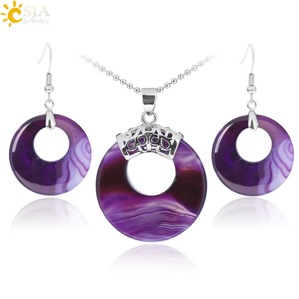 Women's Minimalist Natural Stone And Copper Jewelry Set Hollow Concentric Round Pendant Necklace And Earrings With Tiger Eye Crystal Accent