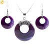 Women's Minimalist Natural Stone And Copper Jewelry Set Hollow Concentric Round Pendant Necklace And Earrings With Tiger Eye Crystal Accent