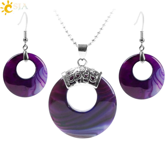 Women's Minimalist Natural Stone And Copper Jewelry Set Hollow Concentric Round Pendant Necklace And Earrings With Tiger Eye Crystal Accent